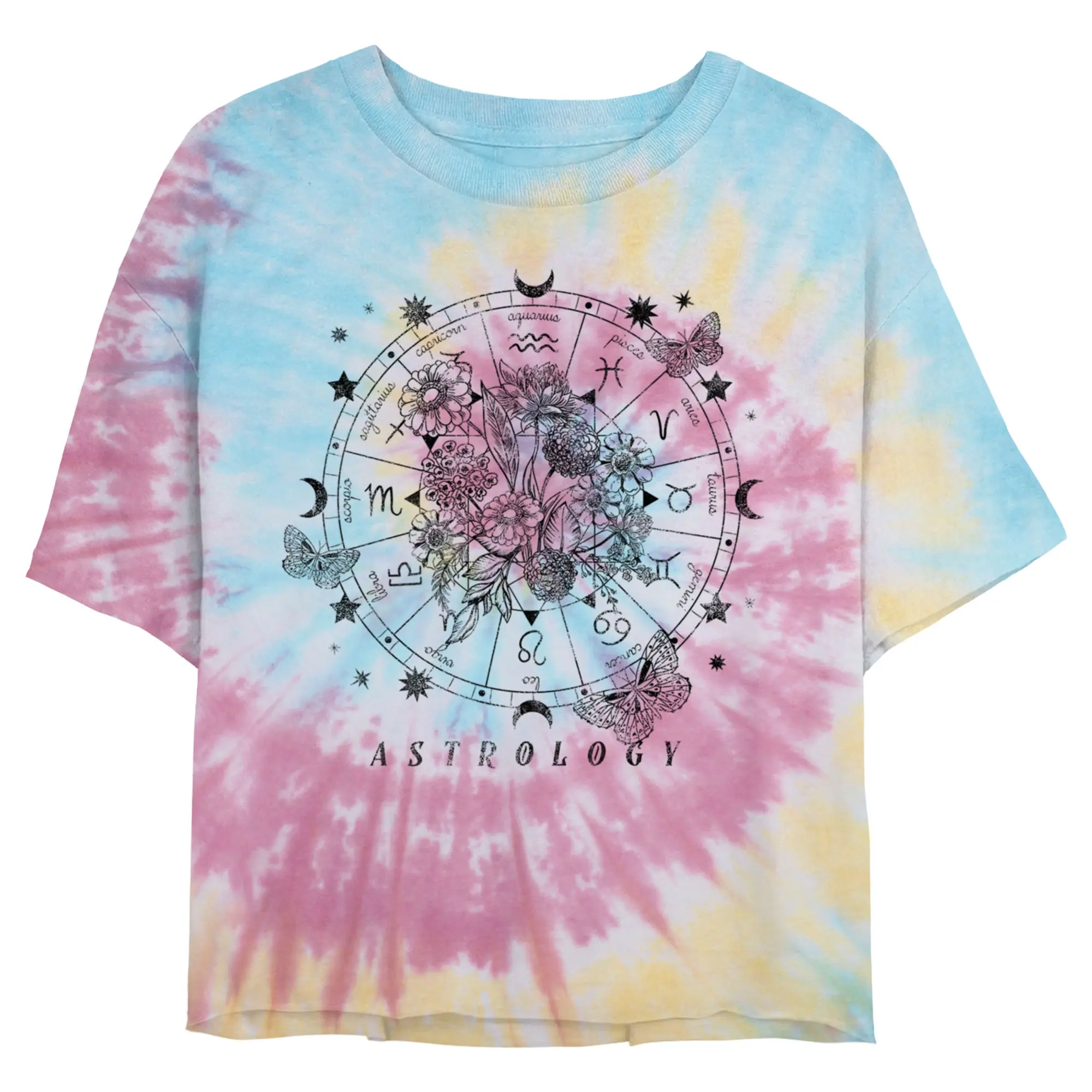 Juniors Womens' Lost Gods Astrology Decorative Wheel Cropped T-Shirt