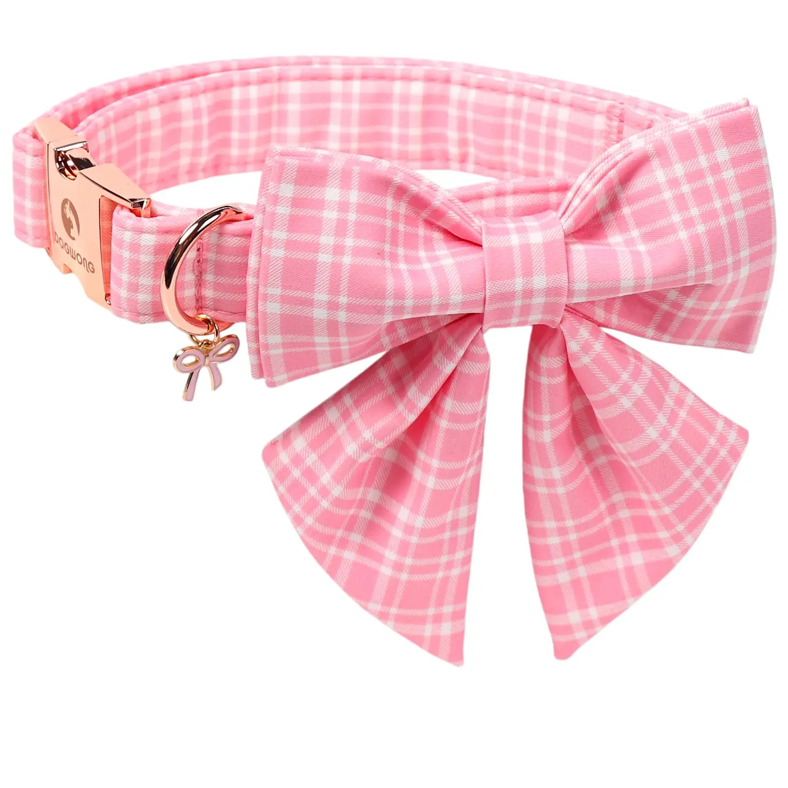 DOGWONG Chew-Resistant Adjustable Dog Collar - C-Pink Plaid with C-Pink Sailor Bow, D-Ring, Quick Roll Adjust Buckle, Secure Tags, Non-Customized, Hand Wash Only, Fits Small Breeds, Ideal for Female Dogs (Spring-Summer Use), Adjustable Collars, Cotton Fab