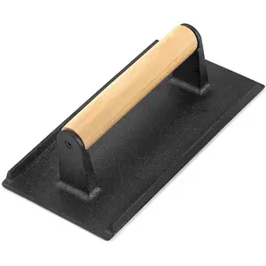 Bacon Hamburger Press for Griddle Flat Top Teppanyaki, Pre Seasoned 8 x 4In Cast Iron Grill Weight with Wooden Handle, Perfect for BBQ Steaks Pannis Sandwiches Meats - 1Pk