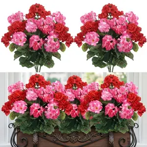 4 Pack Artificial Geraniums Outdoor UV Resistant, Outdoor Fake Flowers, Faux Flowers for Planters & Vases, Plastic Geranium Bouquets for Home Office Hotel Cottage Windowsill Table Centerpiece, Wedding Party Spring Decor