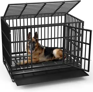 LEMBERI 48/38 inch Heavy Duty Indestructible Dog Crate, Escape Proof Dog Cage Kennel with Lockable Wheels,High Anxiety Double Door,Extra Large Crate Indoor for Large Dog with Removable Tray