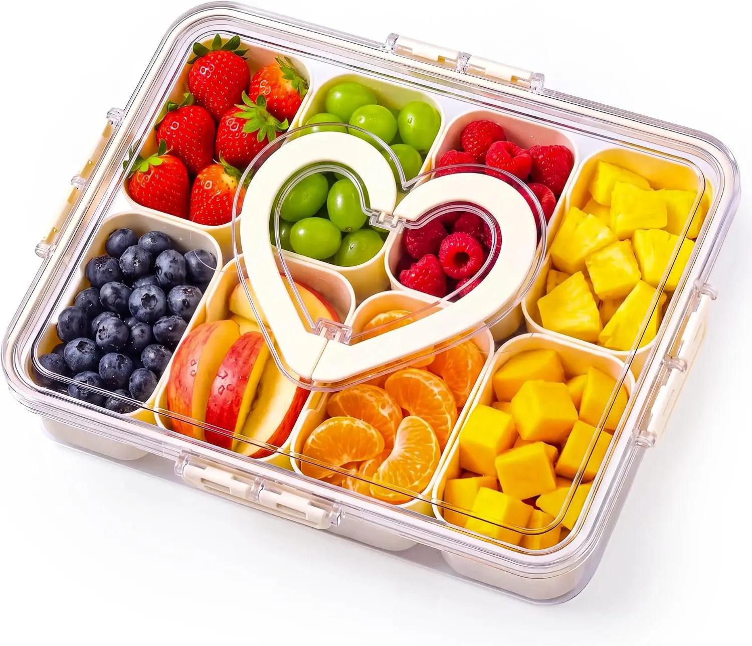 Plastic 6-Comp. Rotating Serving Tray with Lid & Handle - Sturdy Practical Transparent Divided Container, Portable Organizer for Fruits, Candy - Ideal for Kitchen, Party