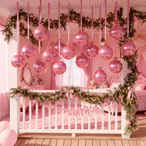 14pcs Pink Round Aluminum Foil Balloon Set, 4D Metallic Balloon Set with Pink Satin Ribbon, for Ceiling Decorations, New Year, Birthday, Anniversary, Wedding Party Decorations, Spring Decorations, and Photo Props