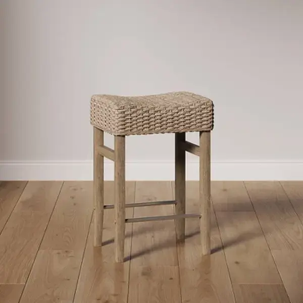 Nathan James Harvey Rattan Counter Height Barstool - Solid Wood Legs, Chrome Accents, Viscose Details, Rectangle Design for Friends & Family Home Bar Indoor Furniture