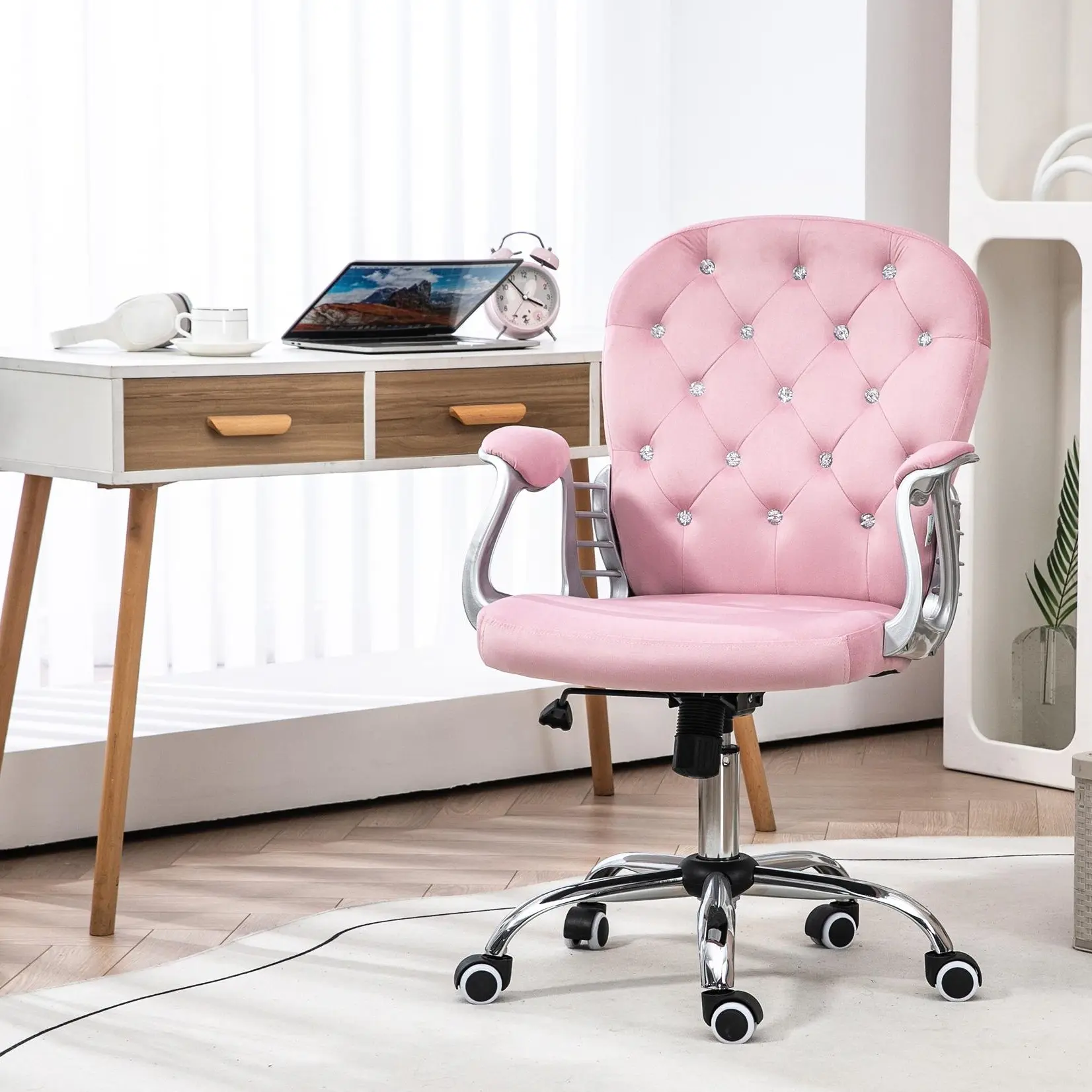 Vinsetto Vanity  Mid Back Office Chair Swivel Tufted Backrest Task Chair with Padded Armrests, Adjustable Height, Rolling Wheels