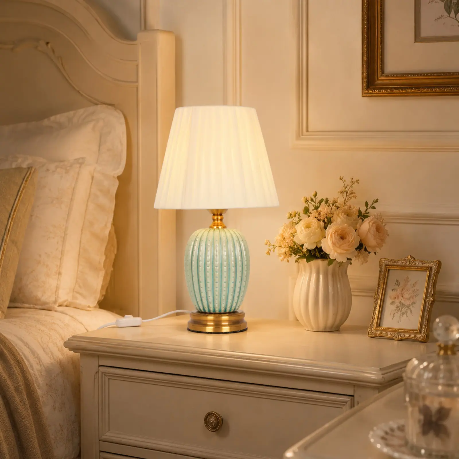 Green Ceramic E26 Table Lamp with Fabric Shade - Modern Cute Accent Lamp for Bedroom Nightstand, Living Room Home Decor