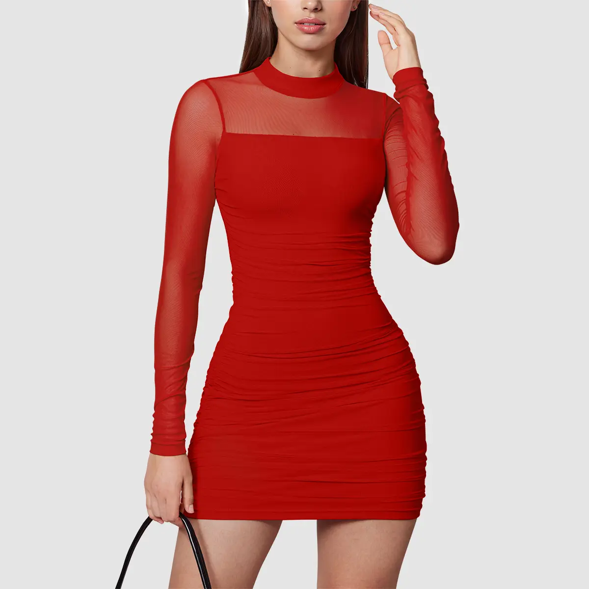 OQQfitness Women's Mesh Sheer Long-Sleeve Mini Bodycon Dress - Soft Pleated, Chic, Ruched Lady's Casual Wear for Party Outfits, Going Out