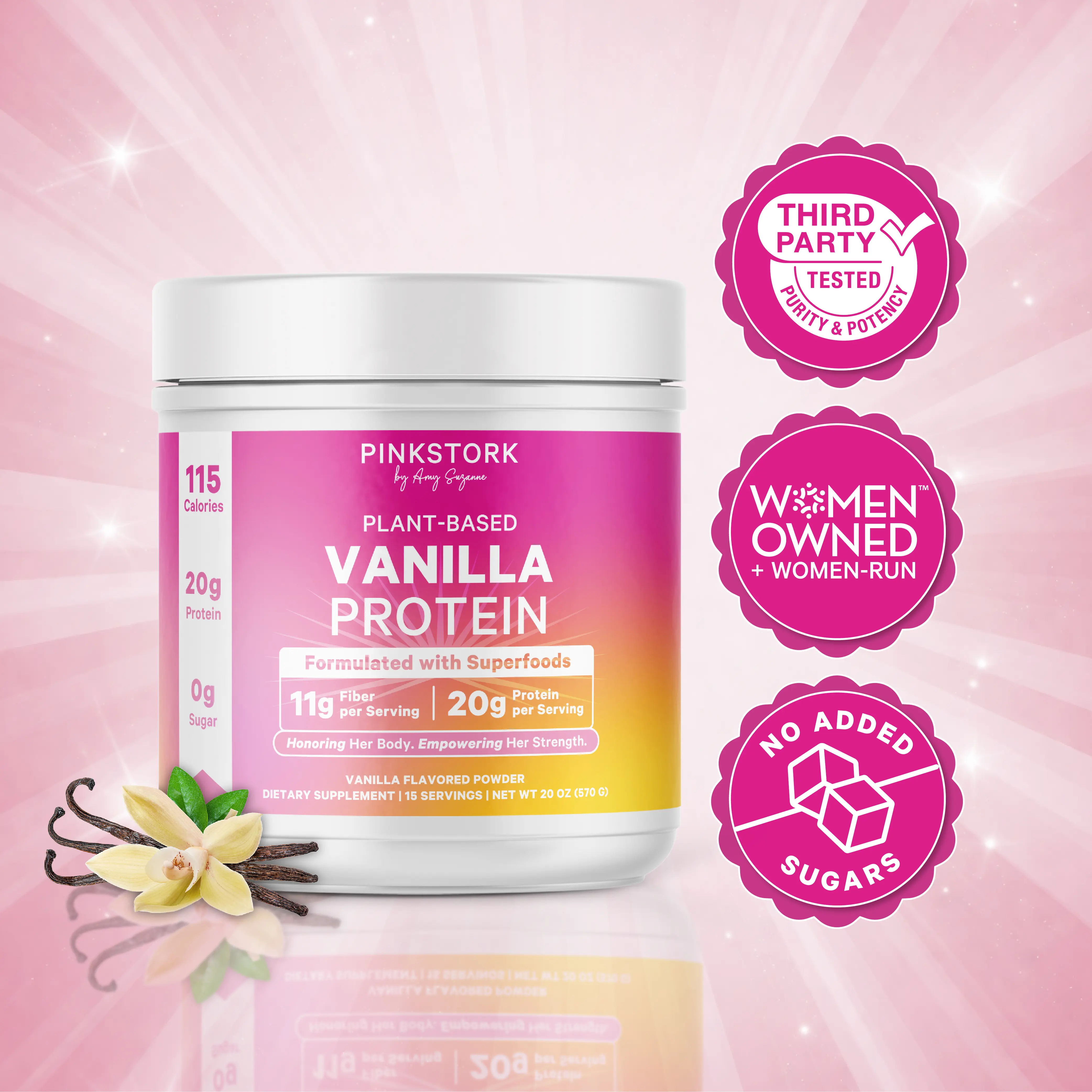 Pink Stork 20 g Protein + Fiber + Superfoods | Vegan | Vanilla | 0 g Sugar, Sweetened with Monk Fruit | 115 Calories | Plant-Based Pea Protein | Formulated for Women | Energy, Digestion, No-Bloat Blend