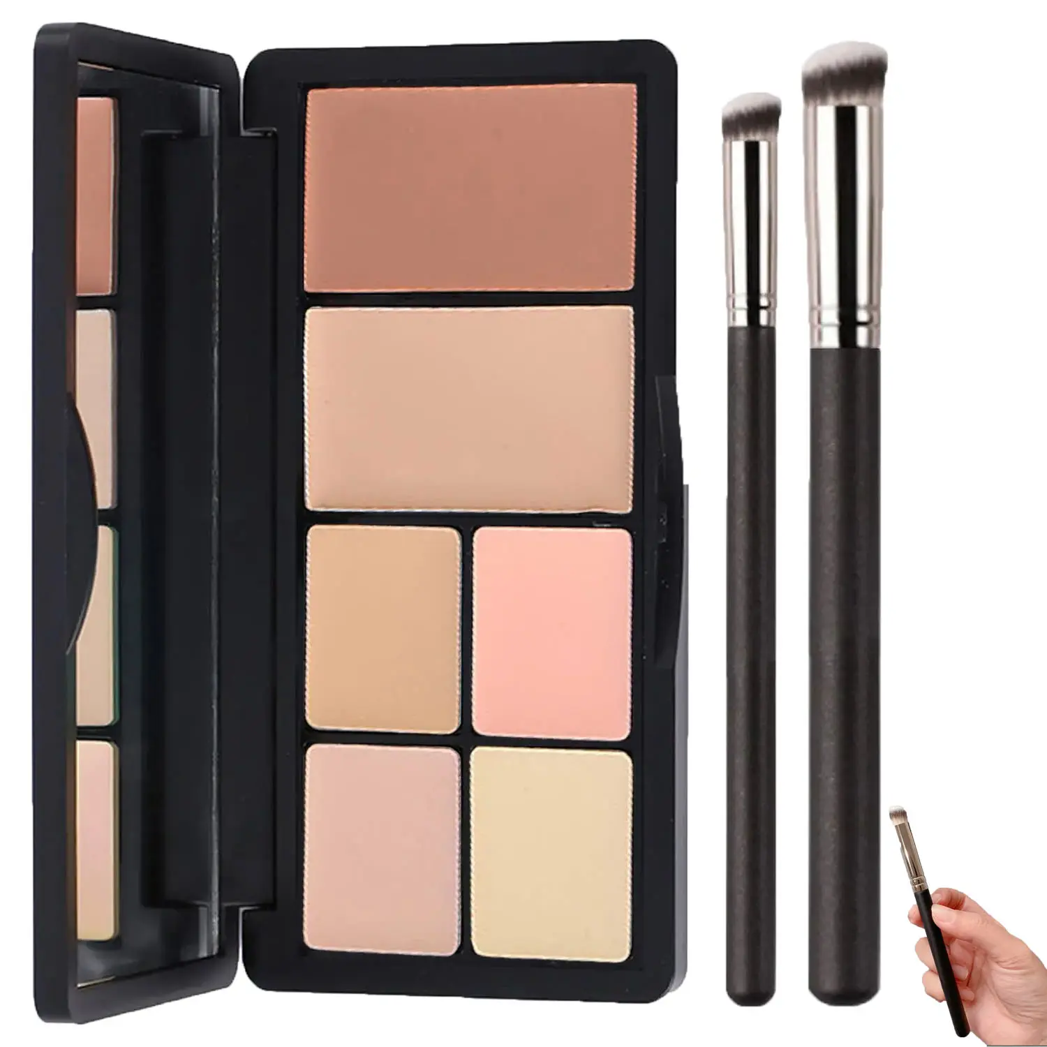 6 In 1 Color Correcting Concealer Contour Palette, Foundation Highlight Makeup Kit for Dark Circles Blemishes, Concealer Contour Makeup Palette with 2 Makeup Brushes