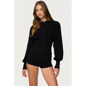 Maizy Puff Sleeve Scalloped Knit Cardigan