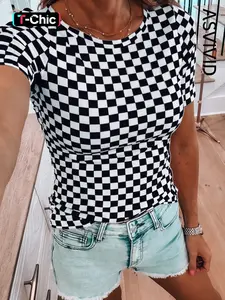 Women's Casual Checkered Print Ribbed Slim Fit Crew Neck T-Shirt, Basic Versatile Short Sleeve Top for Daily Wear, Ladies Clothes for Summer