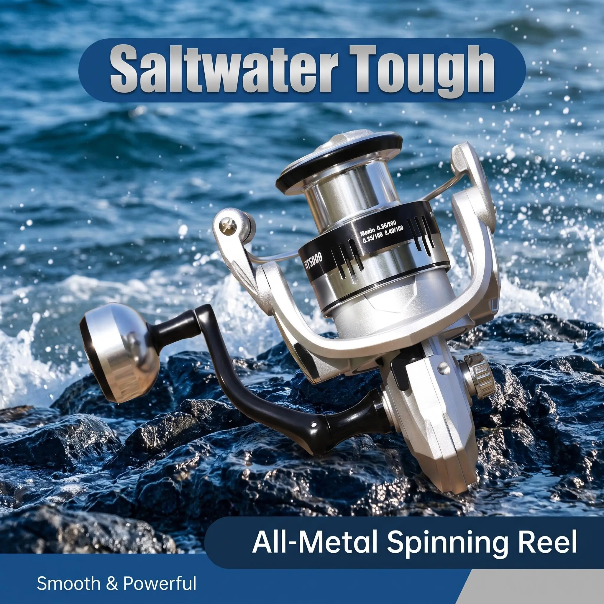 Saltwater Tough All-Metal Spinning Reel, Smooth & Powerful Fishing Gear for Saltwater Enthusiasts