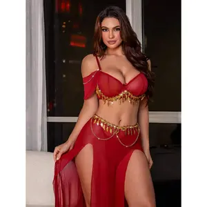 Fantasy Costume 3pcs Sexy Mesh Gold Leaf Tassel Chain Top & Slit Maxi Skirt & Thong Lingerie Set, Going Out