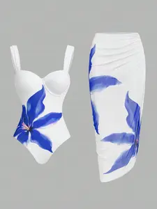 Women's Elegant Blue Floral Print One-Piece Swimsuit with Mesh Cover Skirt, Slimming Two-Piece Swimwear for Beach Pool Party, Stretchy Swimwear