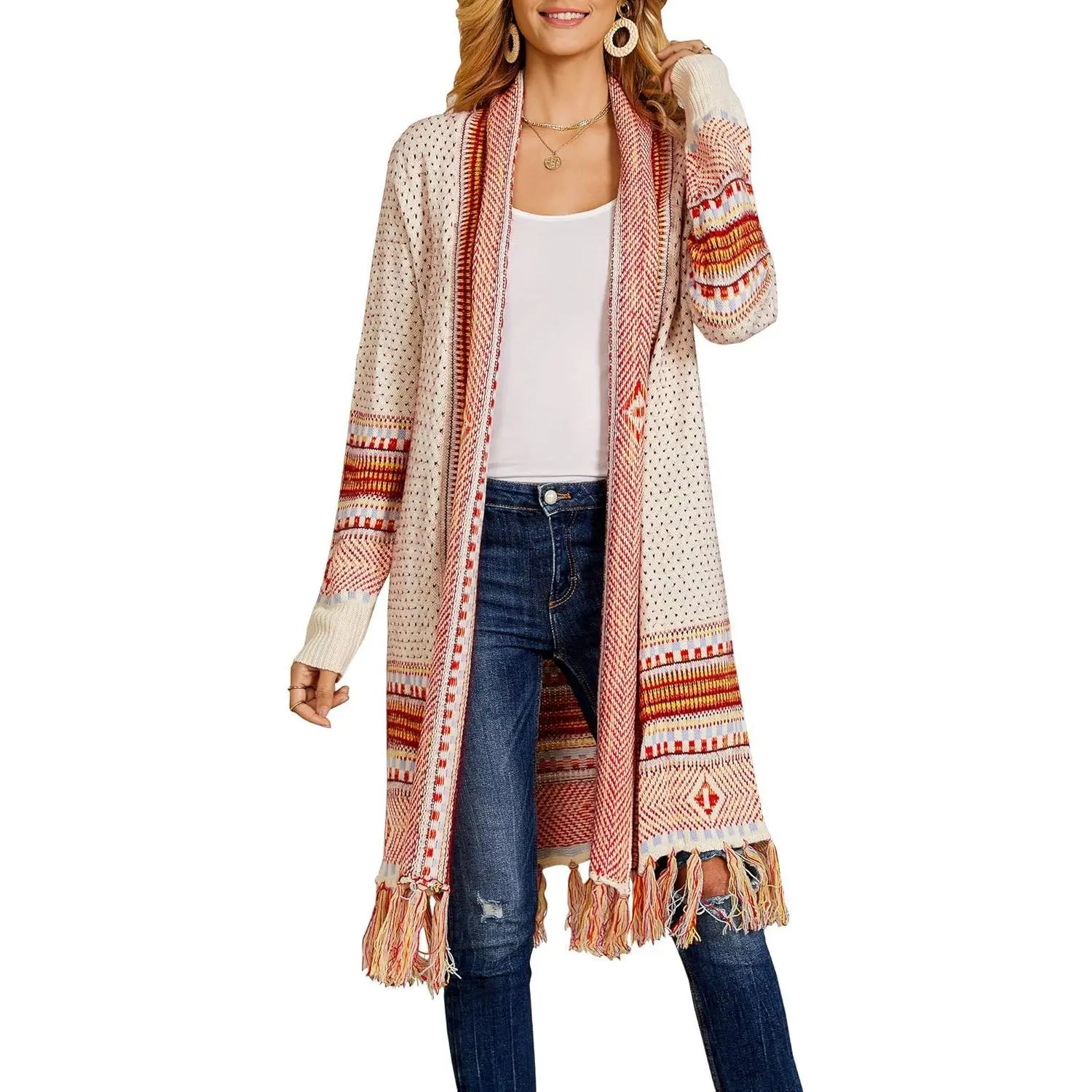 Women's Boho Open Front Long Sleeve Knit Maxi Cardigan - Comfy, Buttery Duster, Aztec Tribal Tassel Fringe, Thin Winter Top, Bohemian & Casual Women's Knitwear, Comfy Women's Cardigans