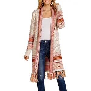 Women's Boho Open Front Long Sleeve Knit Maxi Cardigan - Comfy, Buttery Duster, Aztec Tribal Tassel Fringe, Thin Winter Top, Bohemian & Casual Women's Knitwear, Comfy Women's Cardigans