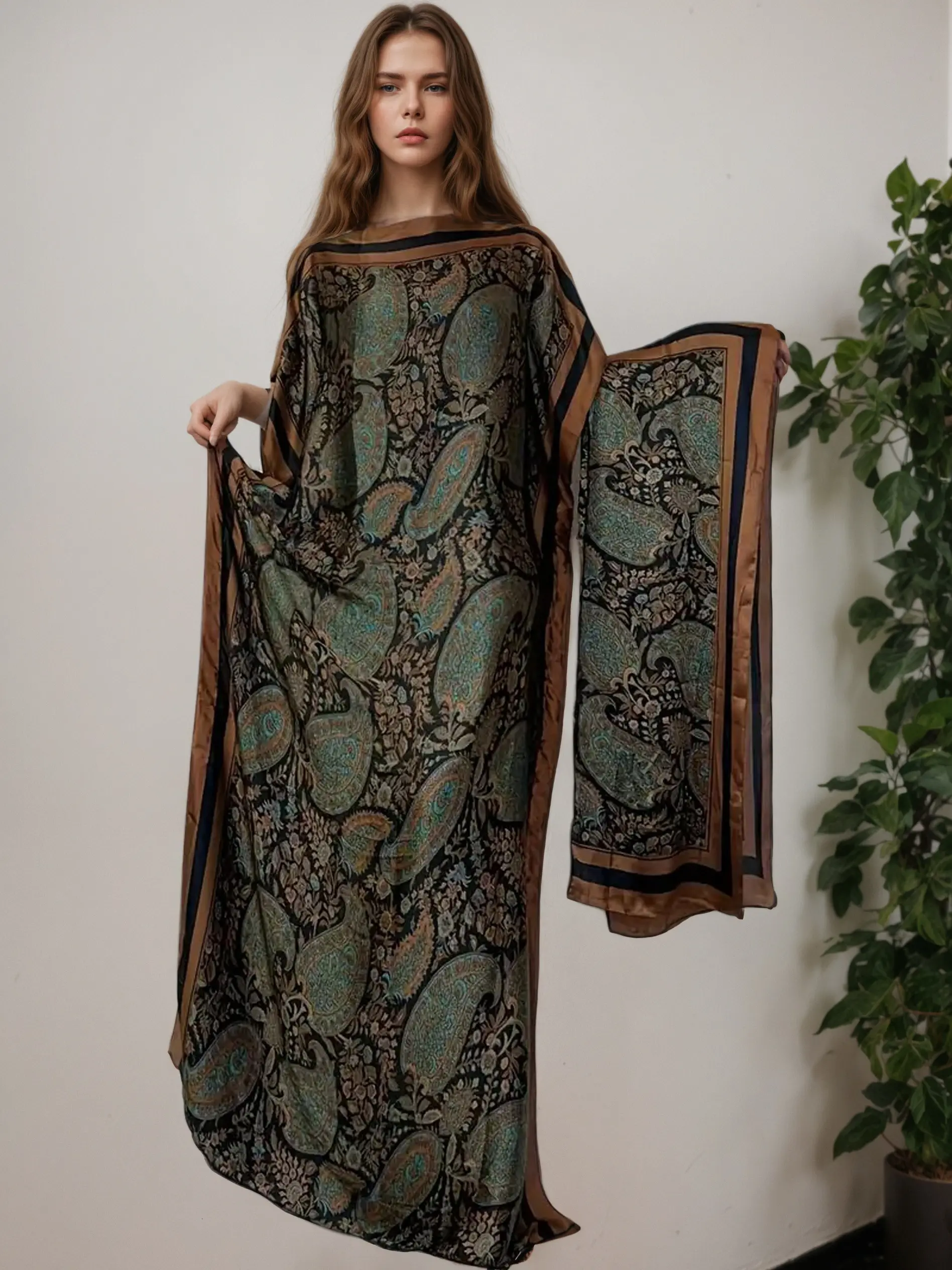 Exquisite Paisley Print Caftan Dress & Scarf Set, Ethnic Print Kaftan, Ethnic Pattern Kaftan, Silk Fabric, Bohemian Style, Elegant Daily Wear, Women's Fashion Apparel