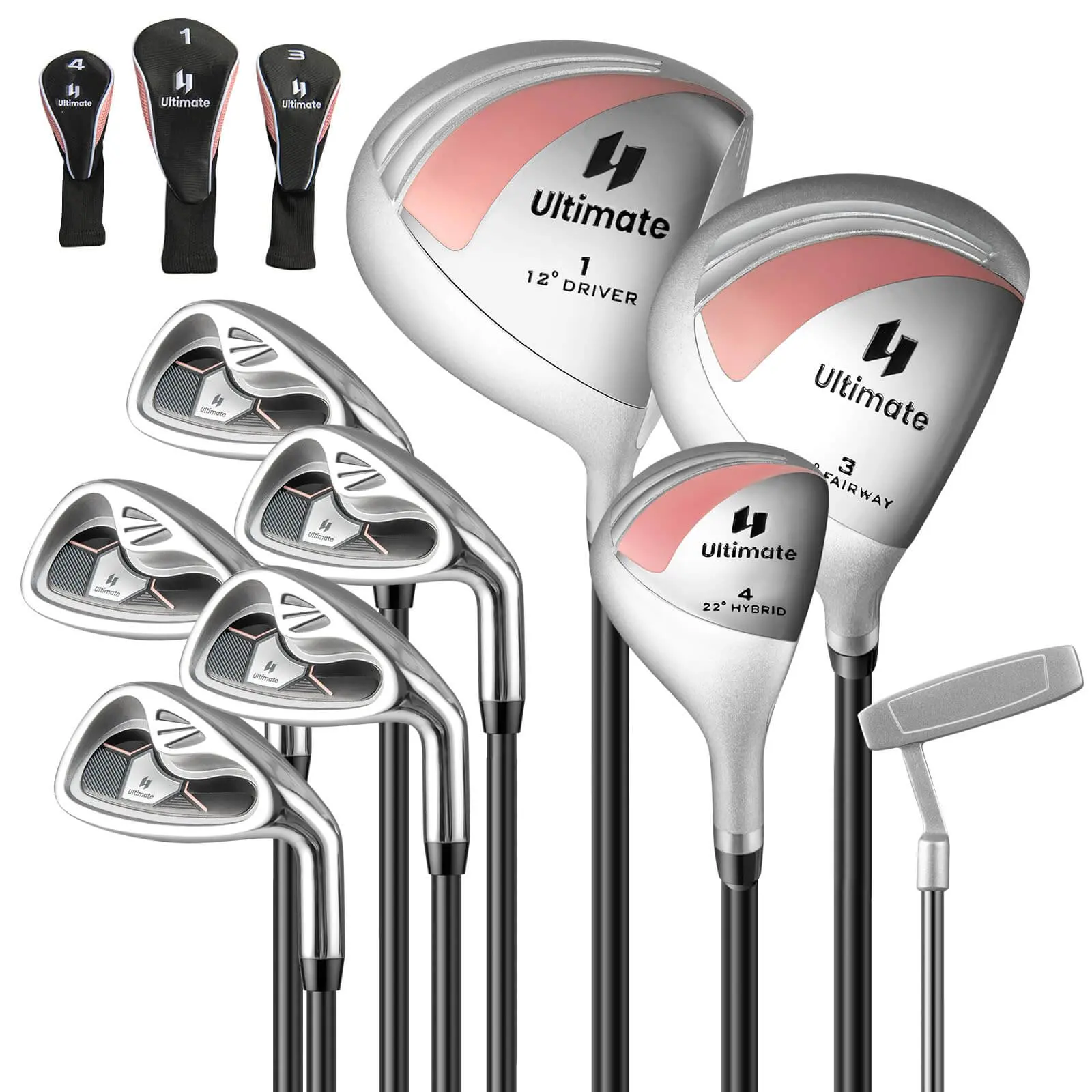 GYMAX Complete Golf Club Set for Women 12 PCS Right Hand Golf Set with #1 Driver & #3 Fairway & #4 Hybrid & #6/#7/#8/#9/#P Irons Putter & Head Covers Ladies Golf Clubs Full Set (Pink Clubs Only)
