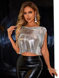 Women's Glitter Round Neck Crop Tank Top, Valentine's Day Streetwear Metallic Sleeveless Fitted Cropped Top for Nightclub Music Festival, Gift, Ladies Clothes for All Seasons, Womenswear