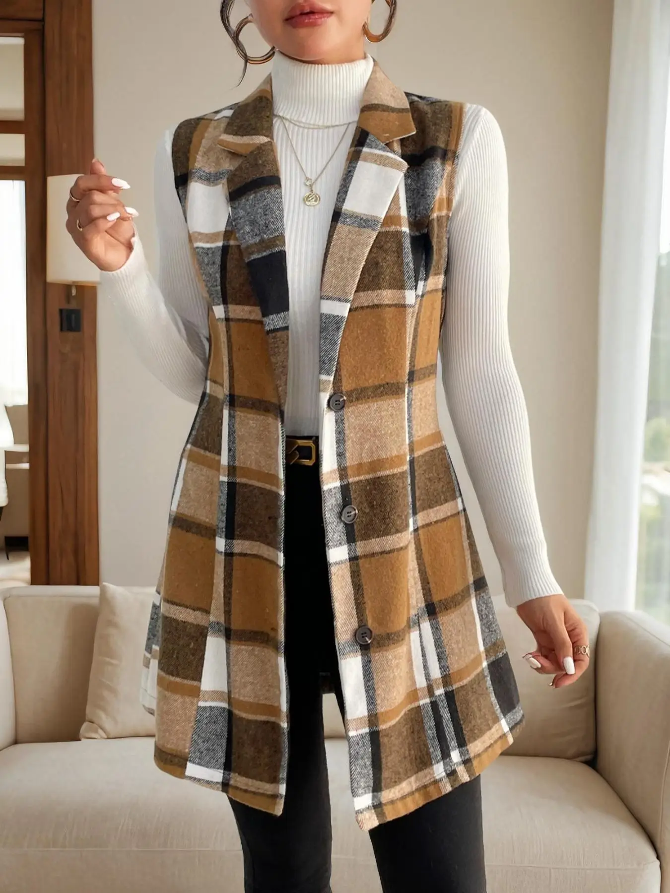 Women's Plaid Print Button Front Lapel Neck Waistcoat Without Sweater, Casual Elegant Outerwear For Fall & Winter, Women's Clothing For Daily Wear