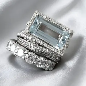 3-piece luxury socialite stack cocktail Cocktail Rings - Three-Piece with Emerald-Cut Zircon & Pavé Bands - Stackable for Nights Out & Special Events single fashion glamour exquisite trendy ring vintage promise Set