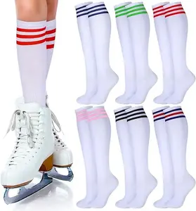 6 Pair White Knee High Socks for Women Striped Socks Long Socks Tube Socks Roller Skate Socks for Girls Youth Gift