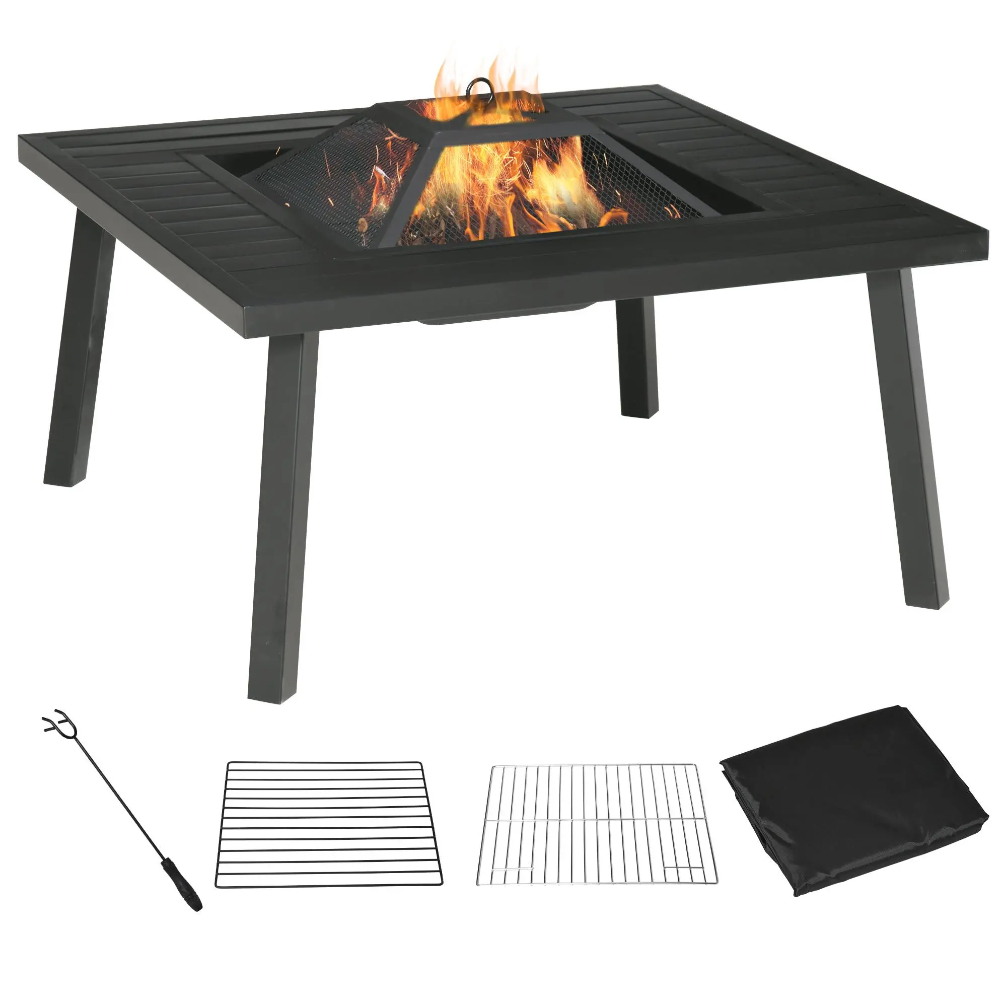 Outsunny 34" Black Metal Wood-Burning Patio Fire Pit Set, Including Grill, Spark Screen, Fire Poker, Cover, and Table Lip