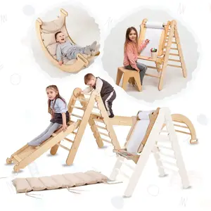 6in1 Montessori Climbing Set: Triangle Ladder + Arch/Rocker + Slide/Ramp + Net + Cushion + Art Addition
