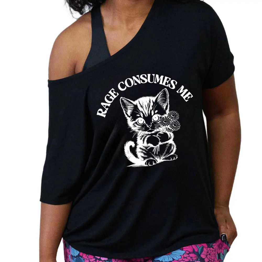 C V G Women's "Rage Consumes Me" Slouchy Graphic T-Shirt, Casual Off-the-Shoulder Streetwear in a Soft Viscose Blend, Tshirt