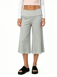 Simple Striped Drop Waist Casual Capri Pants, Wide Elastic Waist, Soft Fitted H-Type, All-Season Slim Fit Trousers, Casual Lounge Pants