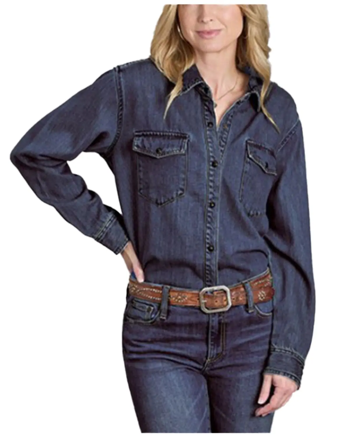 Stetson Women's Women'S Dark Wash Denim Long Sleeve Snap Western Shirt - 11-050-0565-1063 Bu