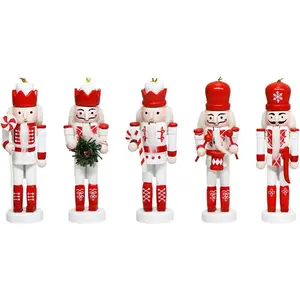 5pcs Red Wooden 5 Inch Mini Nutcracker Soldier Figurines Set Decorative Collectible Hanging Ornaments for Christmas Tree Decorations