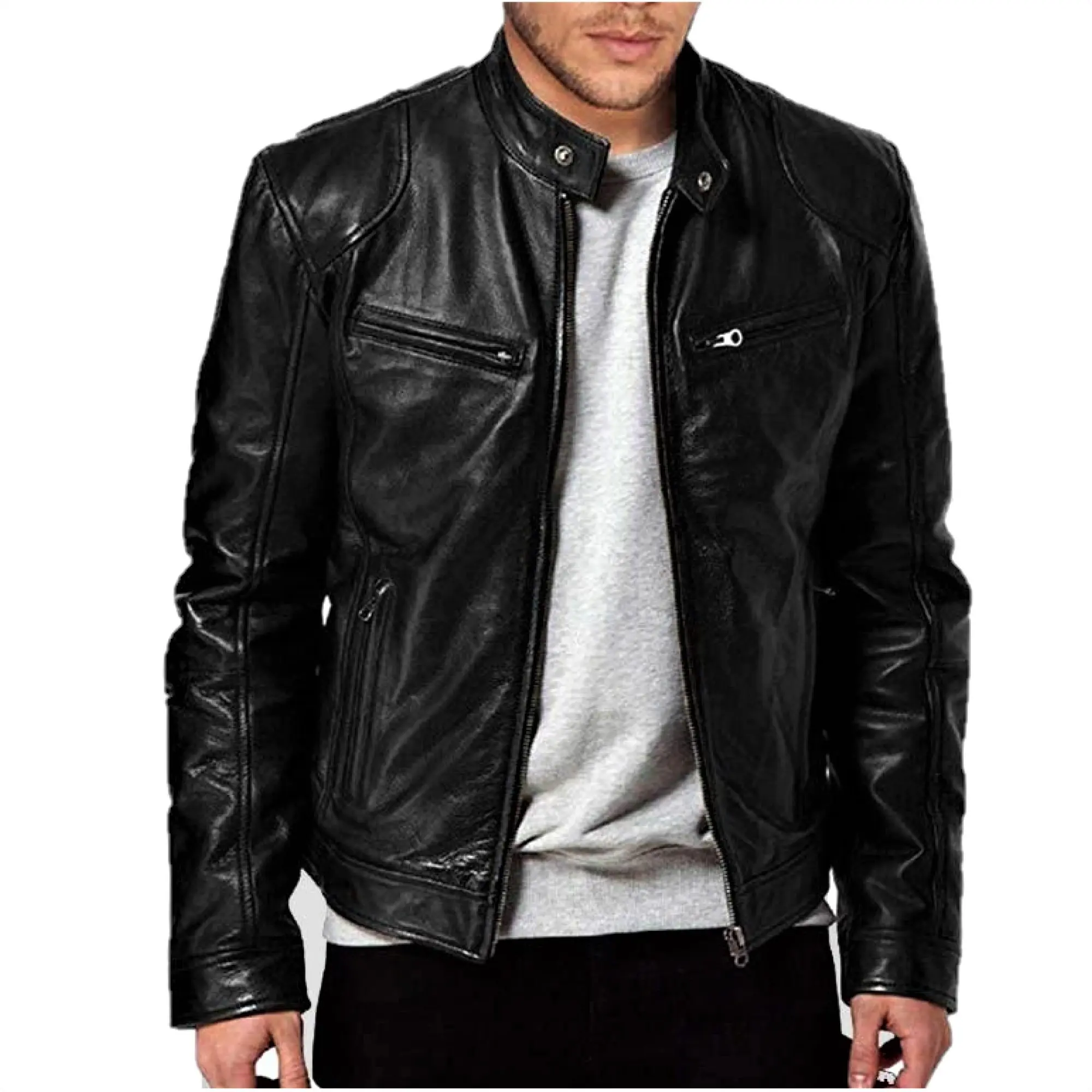 Men's Cafe Racer Style Leather Jacket TN1BK - Short Length Genuine Real Sheepskin Black Color with Metal Zips & Multiple Pockets Classic Stylish Tops Coats