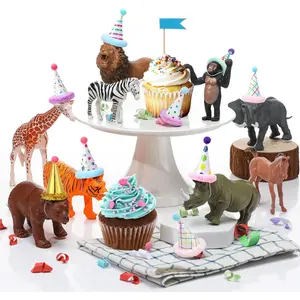 18 Pcs Jungle Animal Birthday Party Decorations Mini Birthday Hat Animal Figure Model Cake Toppers with Mini Hat for Birthday Party, Wild Animals Themed Party Plastic Set