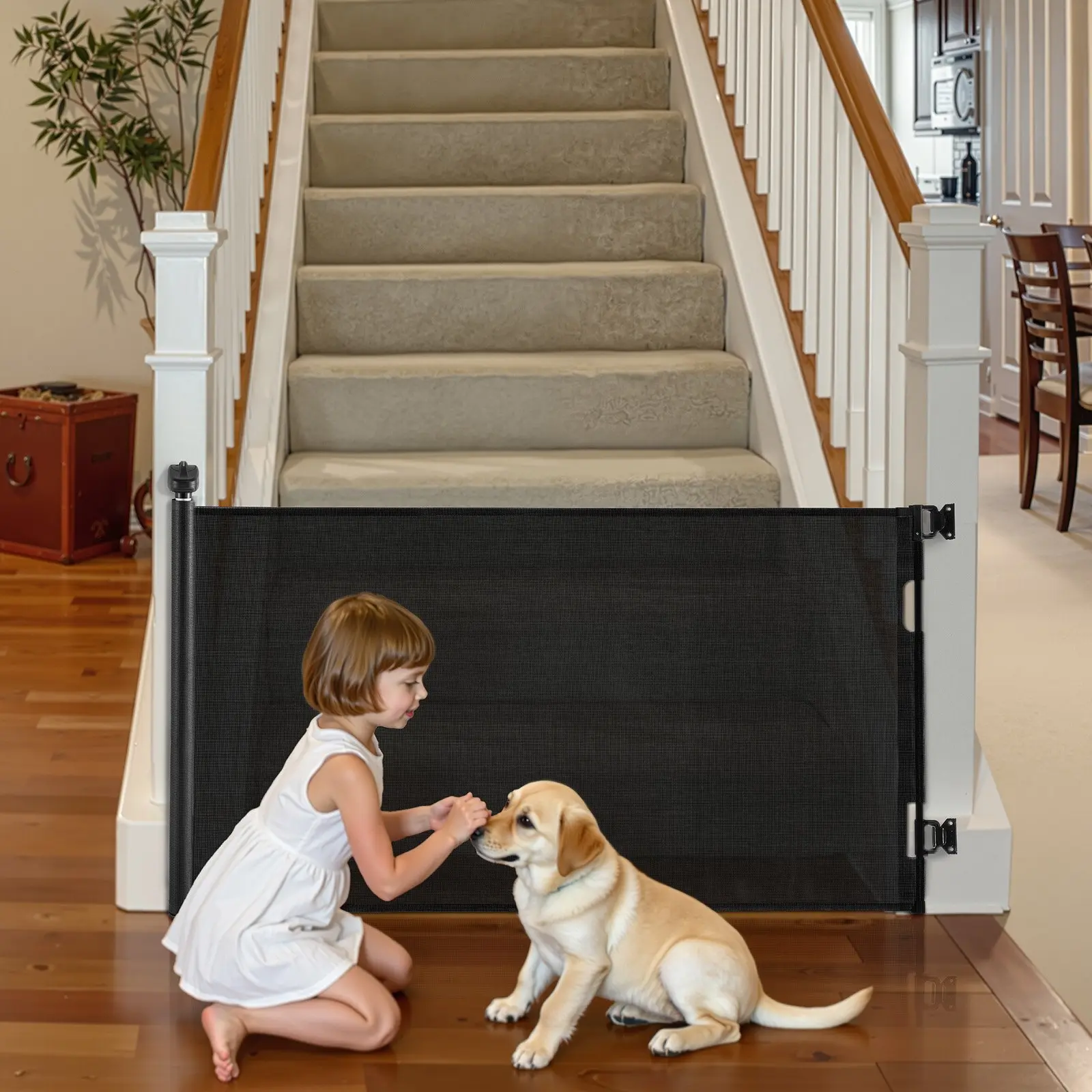 【Summerfinds】VEVOR Retractable Safety Fence, 31.3 in Tall Sturdy Safety Fence, Extends to 72.8 in Wide, with Security Lock, Easy-to-Use Walk-Through Mesh Gate, Tripping-Free for Stairs, Hallways, Black (Indoor/Outdoor Use), Safety Fences