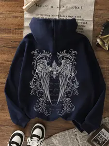 Women's Hooded Sweatshirt, Drawstring, Blue Vintage Angel Wings Print, Fashion Streetwear, Casual Fall & Winter, Long Sleeve, Pockets