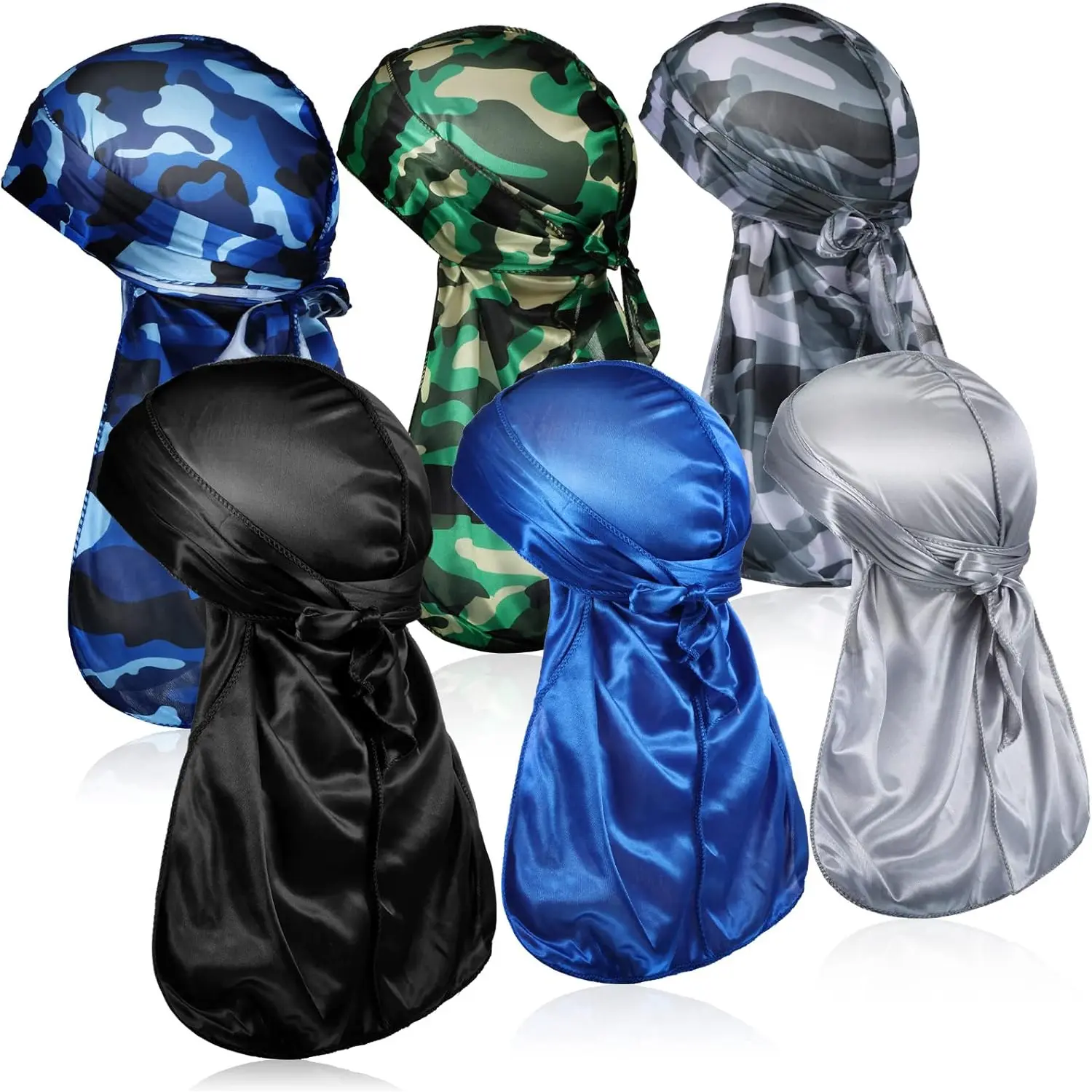 Silky Camouflage Durags, 6-Pack Lightweight Head Wraps for Men & Women, Long Tail for 360 Waves, Everyday Unisex Fit, Multi-Colors, Head Wrap, Scarf For Hair, Fashion Hair Scarves, Wide Strap, All Seasons, Polyester Scarf Fashion Headscarf