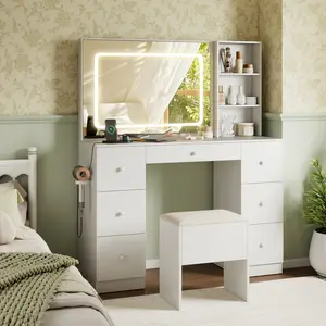 COSTWAY - Vanity Desk with Mirror and Lights Makeup Dressing Table Vanity Table and Stool Set-White