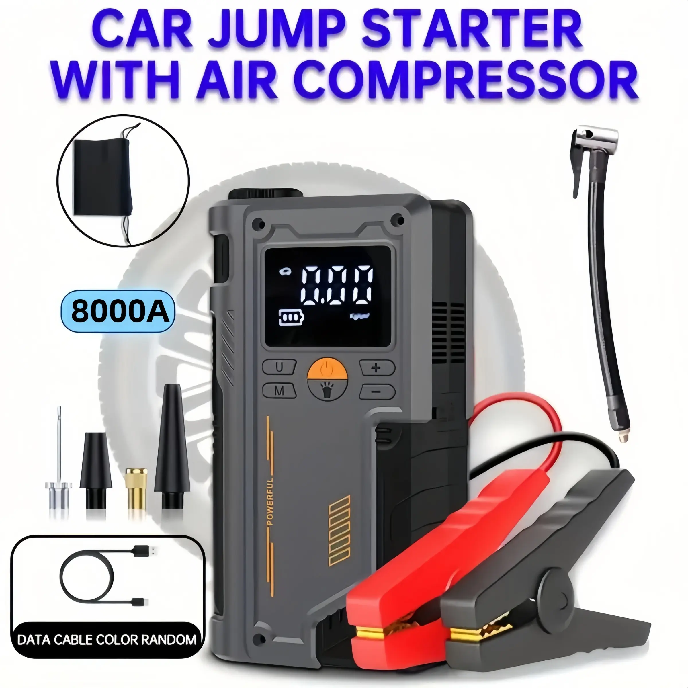Multi-functional car emergency starter, 2-in-1 car repair kit (180 psi air compressor and 8000A car start power supply), 12V/24V wireless charger, equipped with smart alligator clip and inflation accessories, professional car emergency rescue tool.