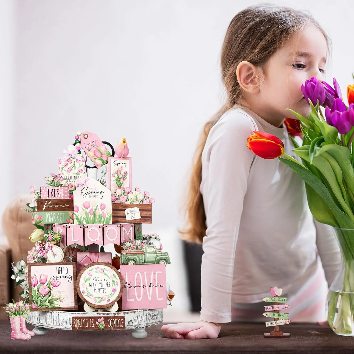 21-Piece Spring Flower Layered Tray Decor Set, Farmhouse Daisy Floral Wood Sign, Rustic Spring Table Centerpiece Decoration