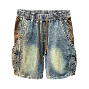 Kyn Apparel American Heavyweight Patchwork Denim Shorts For Men Fashion Side Button Splicing Design Jeans Summer Elastic Waist Loose Shorts