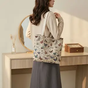 Women's 1/2/3 Pack Vintage Butterfly Tote Bag Stylish Large Capacity Canvas Shoulder Bag with Zipper Closure for Daily Use and Mom Gift