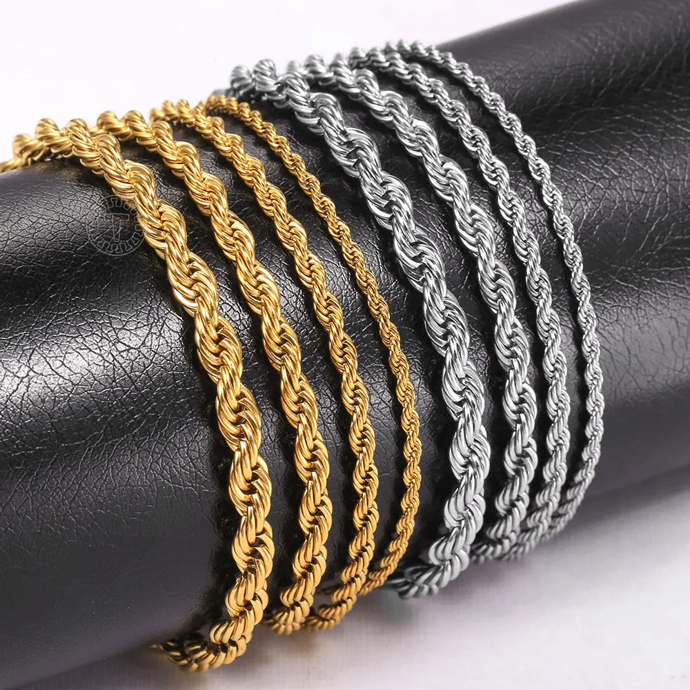 Hermah 2/3/4/5mm Rope Chain Bracelet For Men Women Stainless Steel 7inch+2inch extension Link Chain