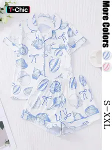Women's All Over Print Button Front Top Elastic Waist Shorts Pyjama Two-piece Set Casual Comfy Short Sleeve Top Shorts Pj Set Ladies Sleepwear Loungewear for All Seasons Pajama Set