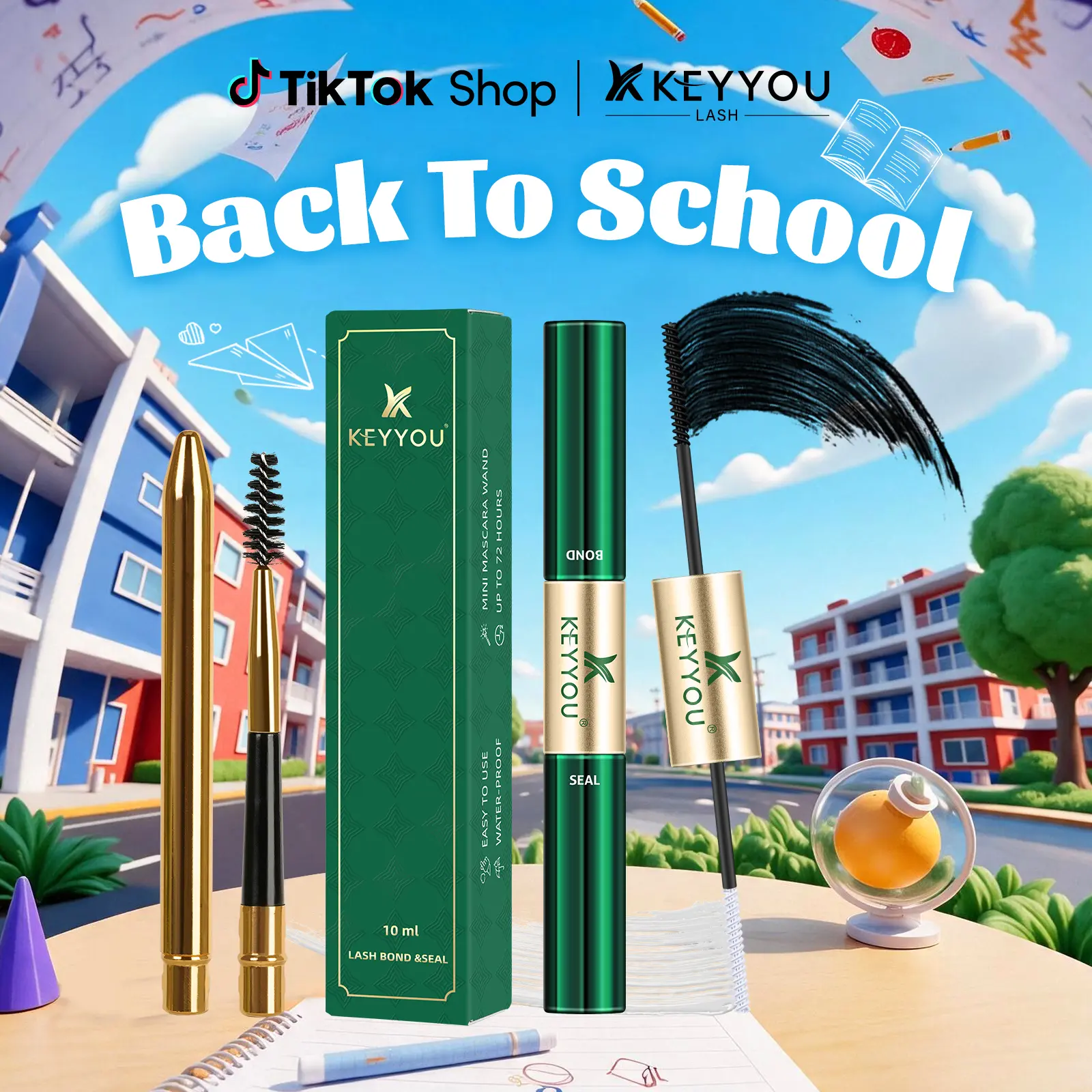 KEYYOU Waterproof Lash Bond & Seal 10ml with Mascara Brush- Eyelash Adhesive for Long-Lasting Makeup - Eyelashes #BackToSchool