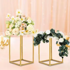 2-Pack Rectangular Gold Metal Wedding Flower Stand 12" Geometric Column Frame - Stylish Floral Display for Tablescapes