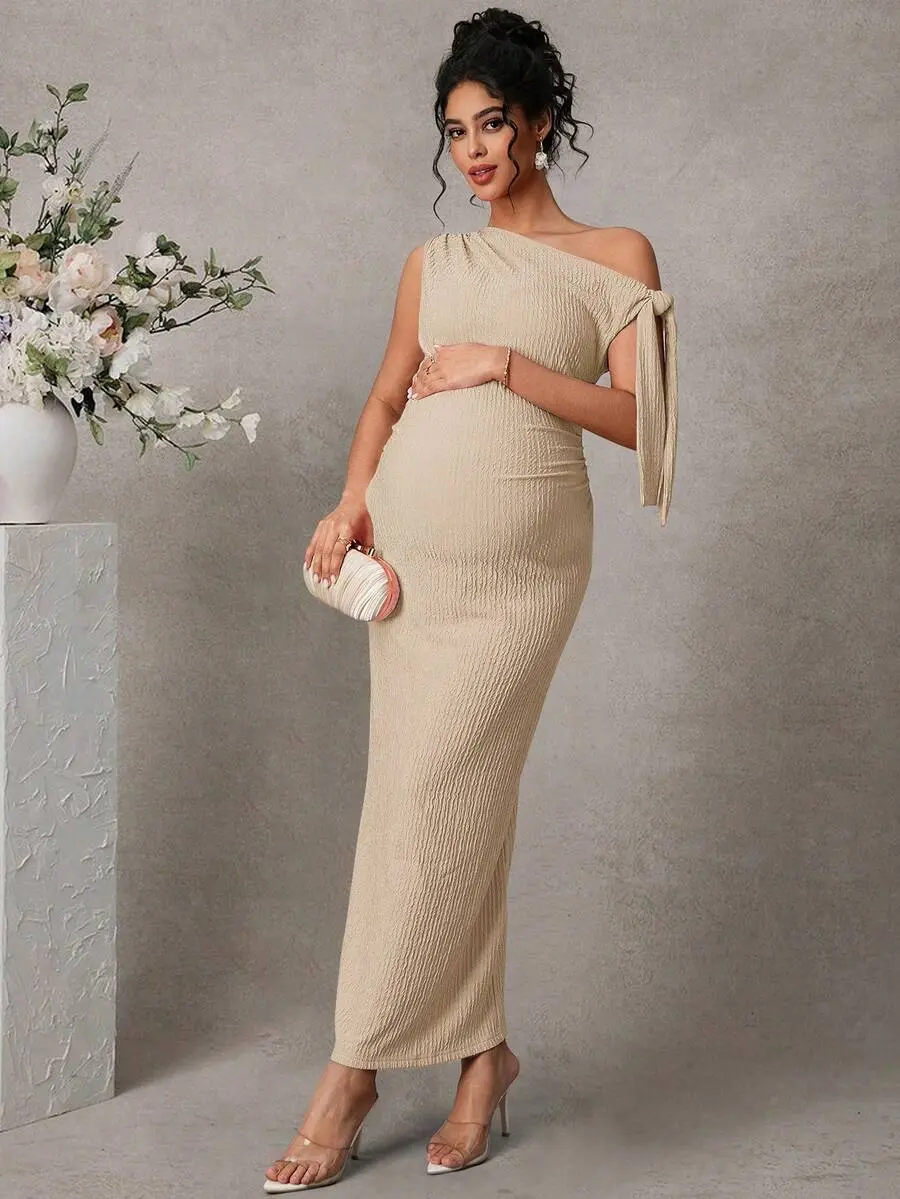 LUNA LAYER Womens Maternity Elegant Jacquard One Shoulder Midi Dress