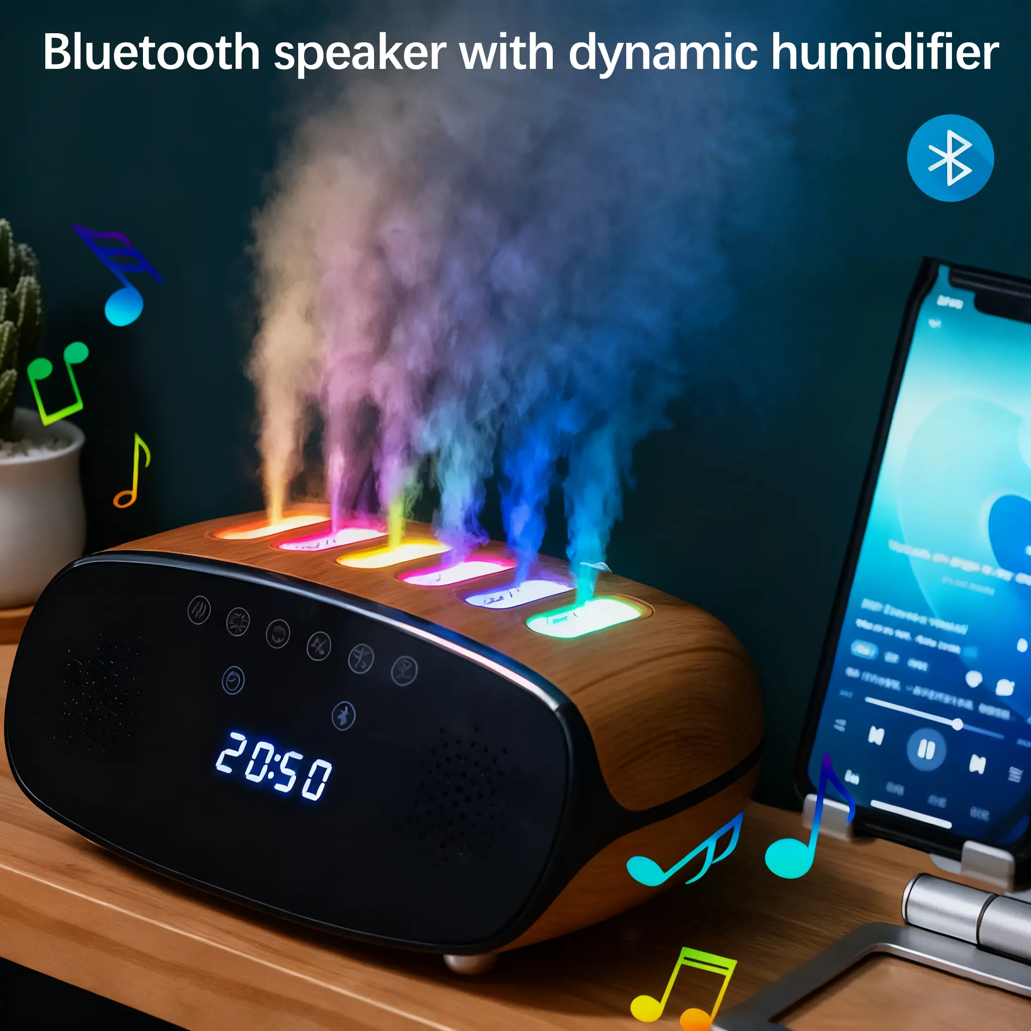 5-in-1 Multifunctional Bluetooth Speaker with Dynamic Humidifier, Alarm Clock, Aromatherapy Diffuser, Wireless Remote Control LED Light Sleep Lamp for Home Gift fogger herbal diffuser rechargeable inhaler