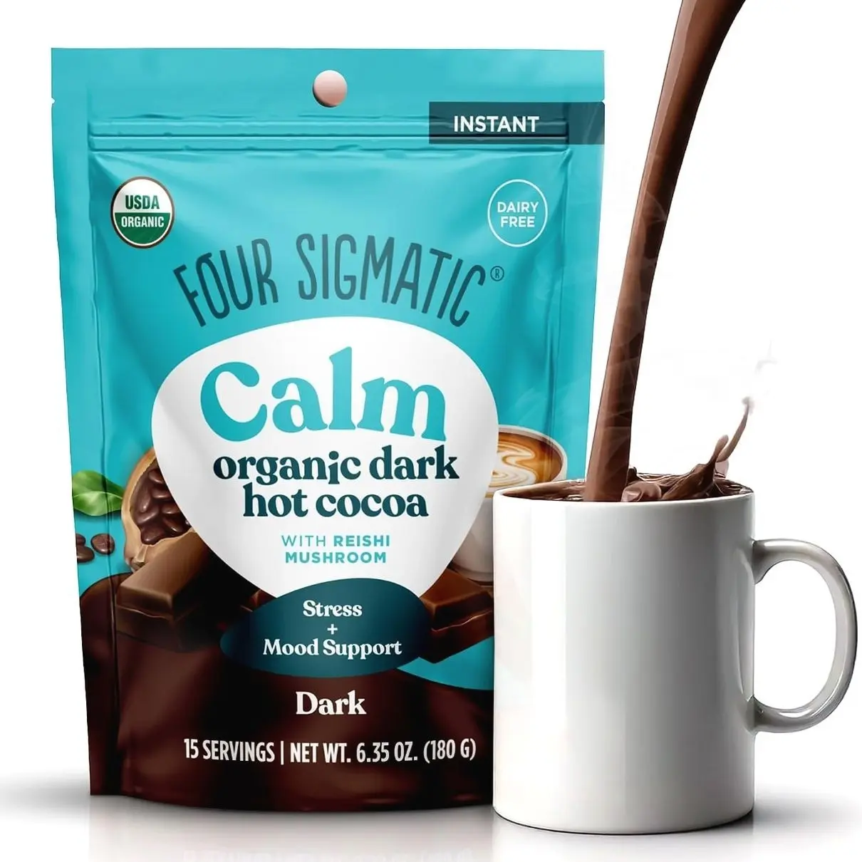 Four Sigmatic Calm Mushroom Cocoa Mix | Organic Dark Hot Cocoa Mix with Reishi Mushroom | Vegan, Dairy Free | 15 Servings