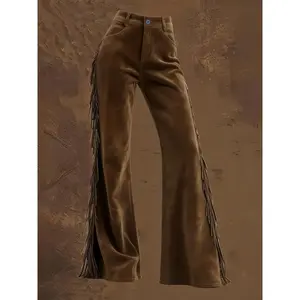 Women’s retro Western-style suede flared pants, high-waisted tassel flare skinny pants, casual slim fit, music festival